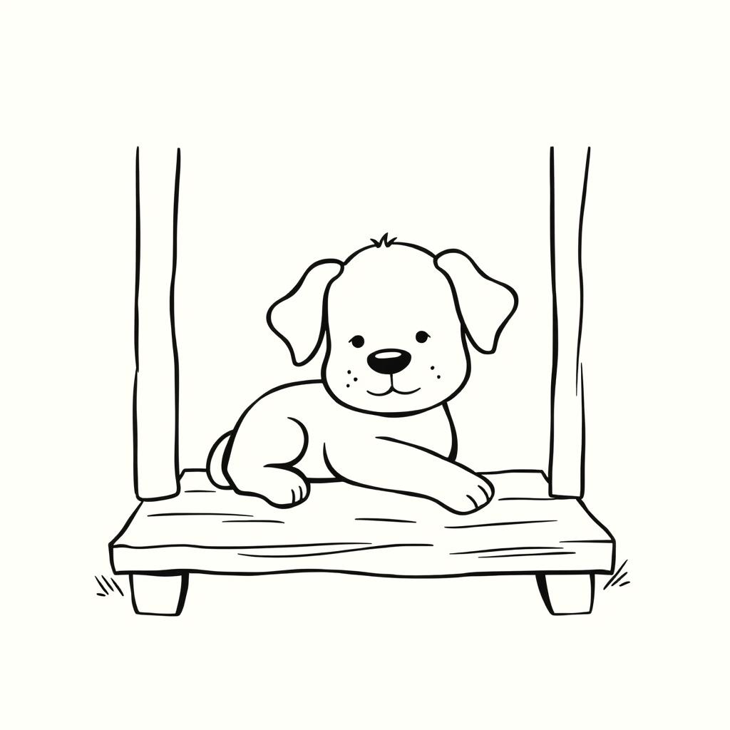 A simple black and white drawing of a cute puppy resting peacefully on the farm porch, set against a white background