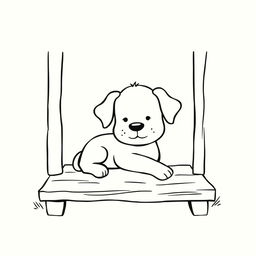 A simple black and white drawing of a cute puppy resting peacefully on the farm porch, set against a white background