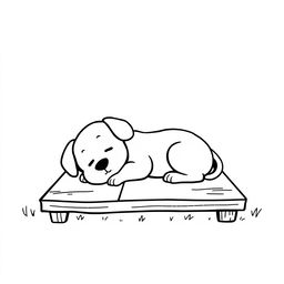 A simple black and white drawing of a cute puppy resting peacefully on the farm porch, set against a white background