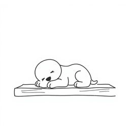 A simple black and white drawing of a cute puppy resting peacefully on the farm porch, set against a white background