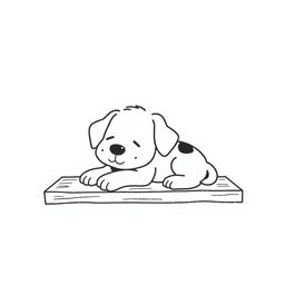 A simple black and white drawing of a cute puppy resting peacefully on the farm porch, set against a white background