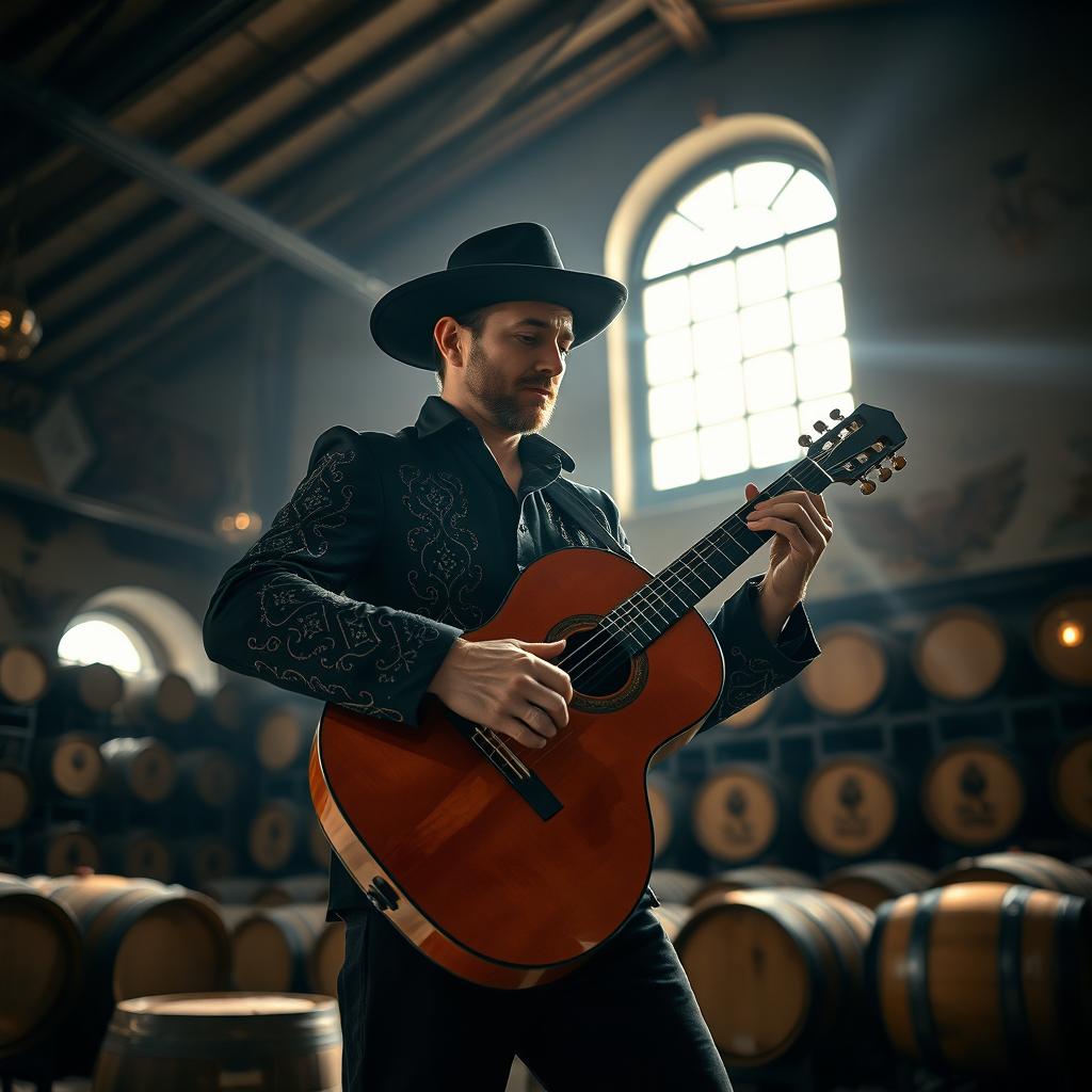 A realistic photo of a gypsy flamenco guitarist man playing a classical Spanish guitar in a large, spacious winery in Andalusia at night