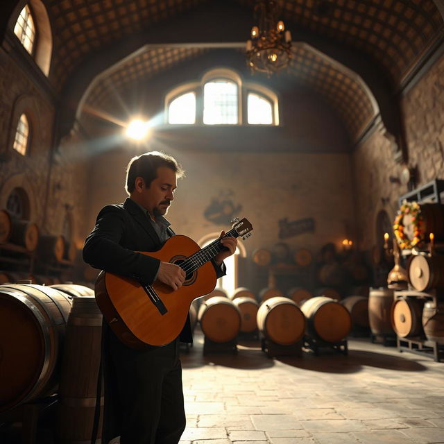 A realistic photo of a gypsy flamenco guitarist man playing a classical Spanish guitar in a large, spacious winery in Andalusia at night