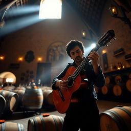 A realistic photo of a gypsy flamenco guitarist man playing a classical Spanish guitar in a large, spacious winery in Andalusia at night