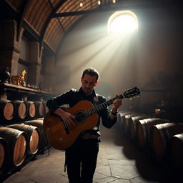 A realistic photo of a gypsy flamenco guitarist man playing a classical Spanish guitar in a large, spacious winery in Andalusia at night