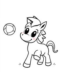 A simple black and white drawing of a cute pony joyfully playing with a ball, set against a white background