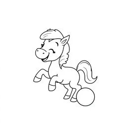 A simple black and white drawing of a cute pony joyfully playing with a ball, set against a white background