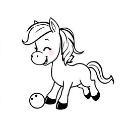 A simple black and white drawing of a cute pony joyfully playing with a ball, set against a white background