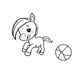 A simple black and white drawing of a cute pony joyfully playing with a ball, set against a white background