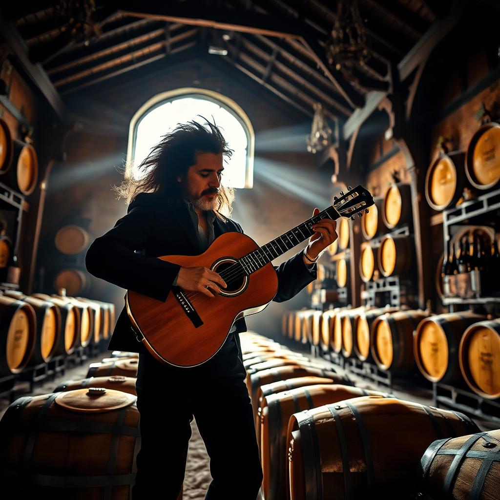 A realistic photo of a gypsy flamenco guitarist man with large hair, skillfully playing a classical Spanish guitar in a vast winery in Andalusia at night