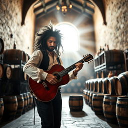 A realistic photo of a gypsy flamenco guitarist man with large hair, skillfully playing a classical Spanish guitar in a vast winery in Andalusia at night