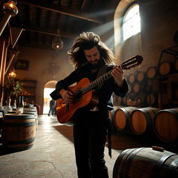 A realistic photo of a gypsy flamenco guitarist man with large hair, skillfully playing a classical Spanish guitar in a vast winery in Andalusia at night