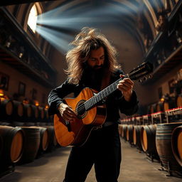 A realistic photo of a gypsy flamenco guitarist man with large hair, skillfully playing a classical Spanish guitar in a vast winery in Andalusia at night