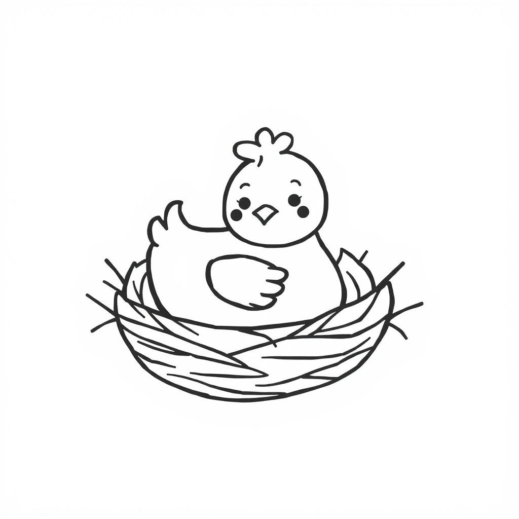 A simple black and white drawing of a chicken cozily snuggled in its nest, set against a white background