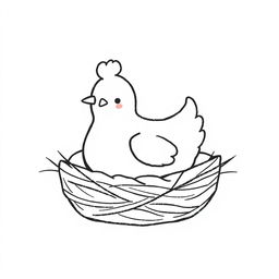 A simple black and white drawing of a chicken cozily snuggled in its nest, set against a white background