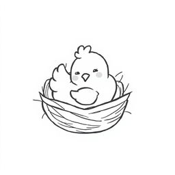 A simple black and white drawing of a chicken cozily snuggled in its nest, set against a white background