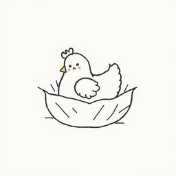 A simple black and white drawing of a chicken cozily snuggled in its nest, set against a white background