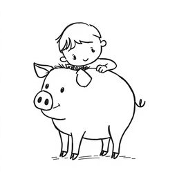 A simple black and white drawing of a pig being lovingly brushed by a child, set against a white background