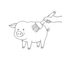 A simple black and white drawing of a pig being lovingly brushed by a child, set against a white background