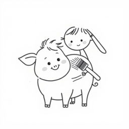 A simple black and white drawing of a pig being lovingly brushed by a child, set against a white background