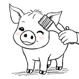 A simple black and white drawing of a pig being lovingly brushed by a child, set against a white background