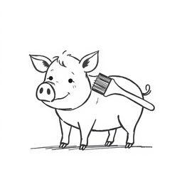 A simple black and white drawing of a pig being lovingly brushed by a child, set against a white background