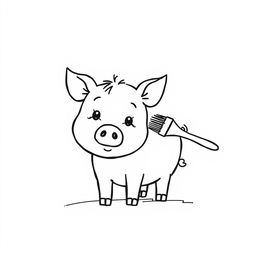 A simple black and white drawing of a pig being lovingly brushed by a child, set against a white background