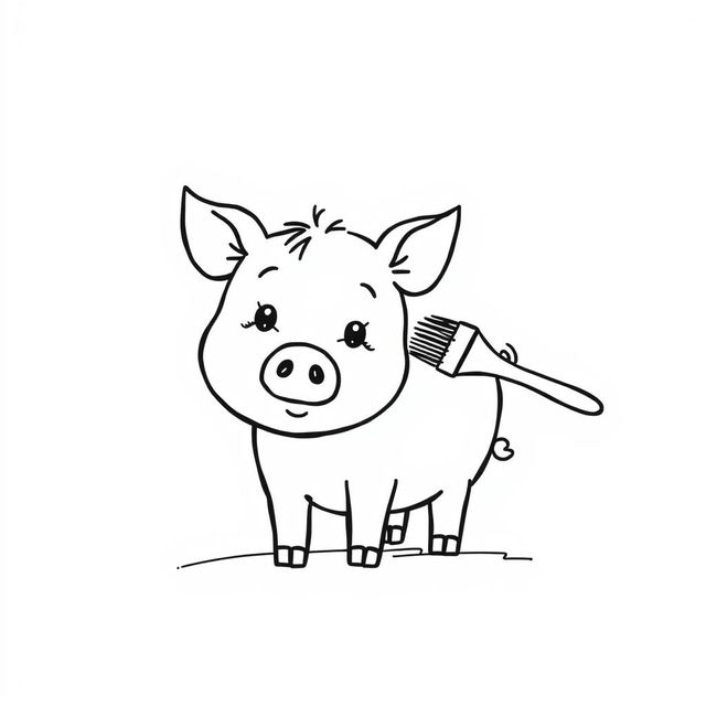 A simple black and white drawing of a pig being lovingly brushed by a child, set against a white background