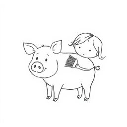 A simple black and white drawing of a pig being lovingly brushed by a child, set against a white background