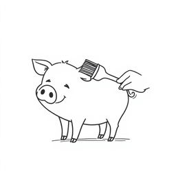 A simple black and white drawing of a pig being lovingly brushed by a child, set against a white background