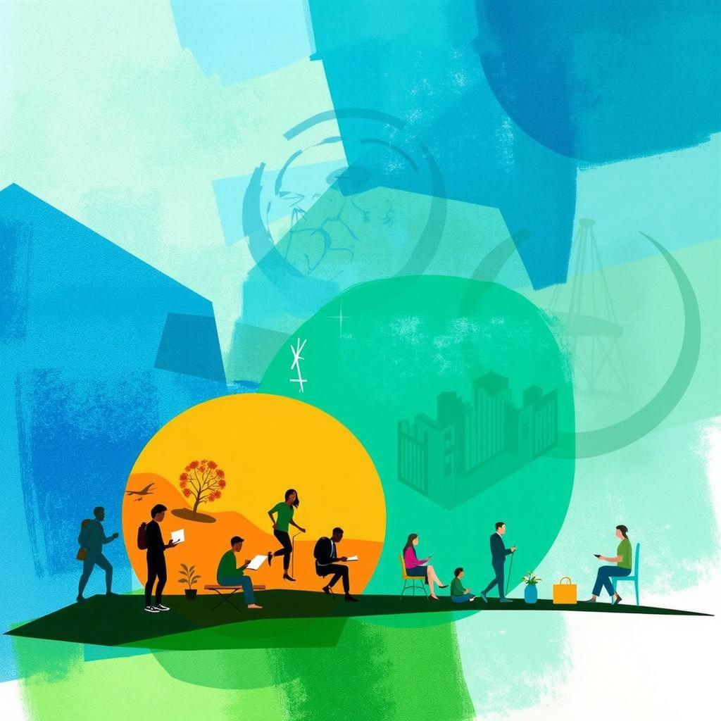 A vibrant and artistic illustration depicting various leisure and recreation activities, set against a backdrop of abstract geometric shapes in shades of blue, green, and yellow