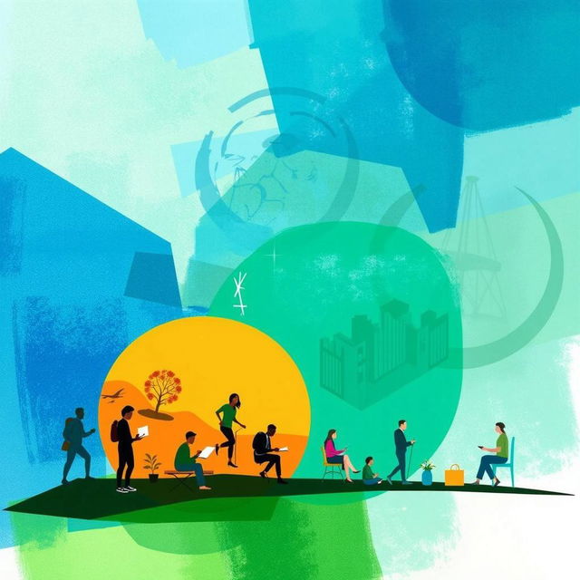 A vibrant and artistic illustration depicting various leisure and recreation activities, set against a backdrop of abstract geometric shapes in shades of blue, green, and yellow