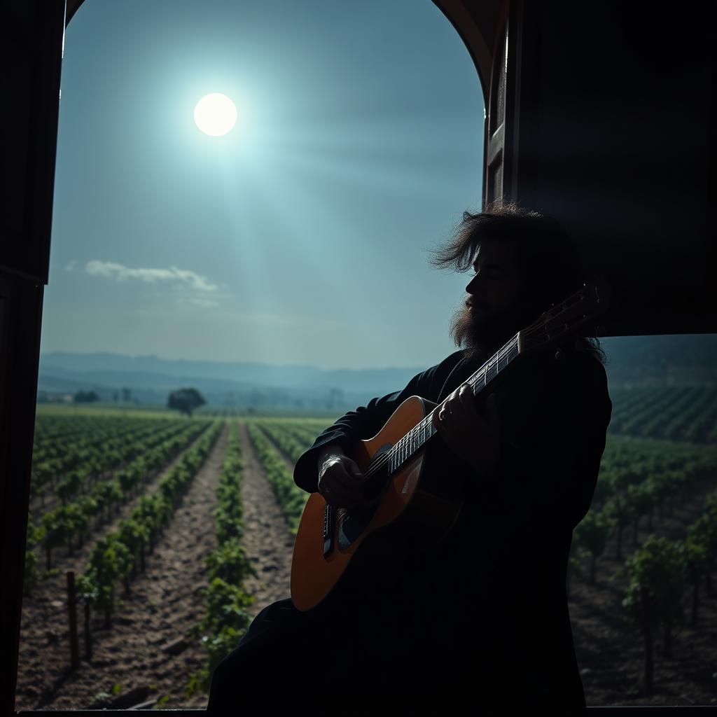 A realistic photo of a gypsy flamenco guitarist man with large hair, passionately playing a classical Spanish guitar in a vast vineyard in Andalusia at night