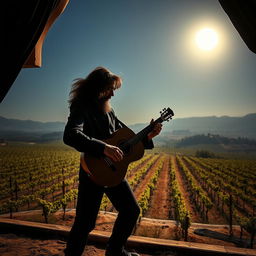 A realistic photo of a gypsy flamenco guitarist man with large hair, passionately playing a classical Spanish guitar in a vast vineyard in Andalusia at night