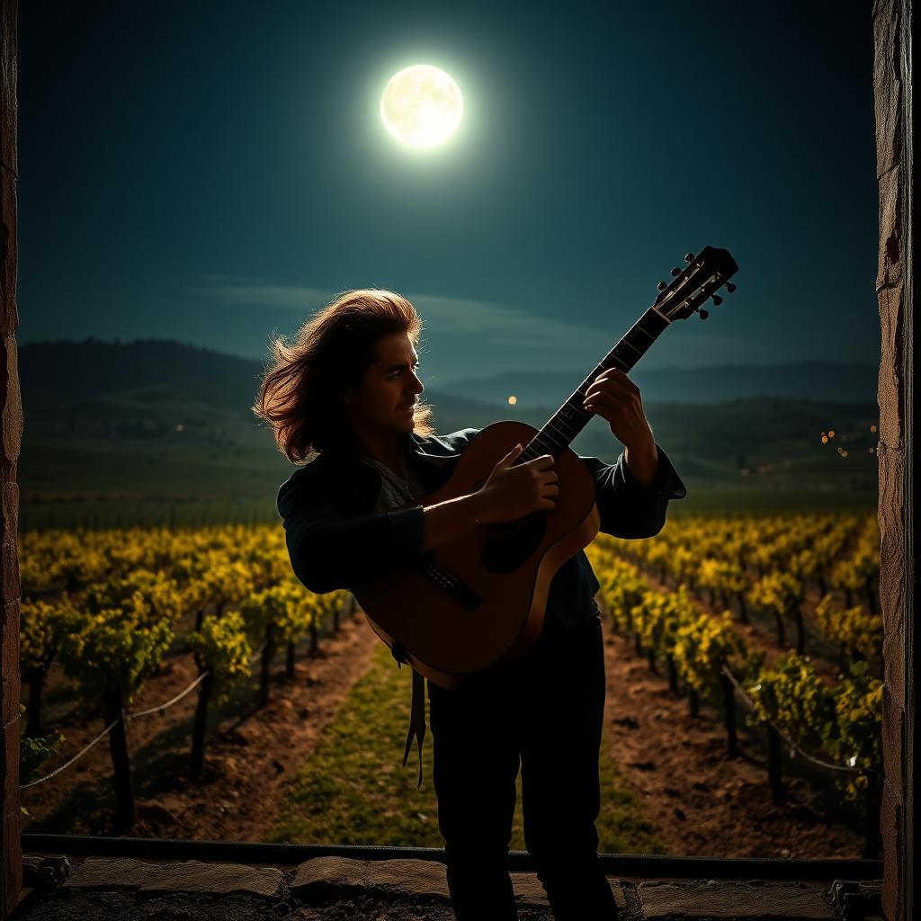 A realistic photo of a gypsy flamenco guitarist man with large hair, passionately playing a classical Spanish guitar in a vast vineyard in Andalusia at night