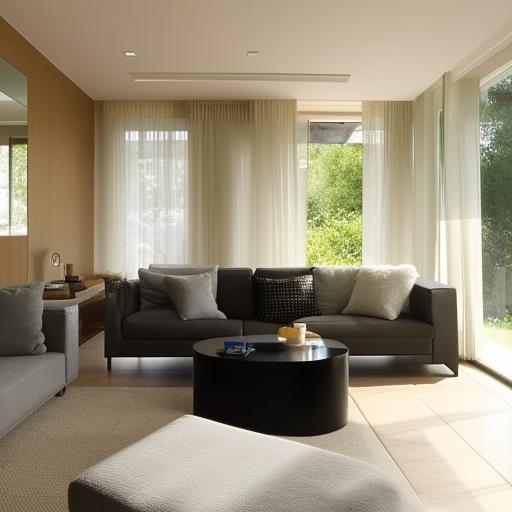 A modern, cozy and elegant interior design of a spacious living room with soft natural light flowing in.