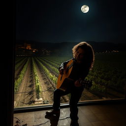 A realistic photo of a gypsy flamenco guitarist man with large hair, passionately playing a classical Spanish guitar in a vast vineyard in Andalusia at night