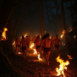 A dramatic and intense scene of naked people running through a forest at night, surrounded by blazing fires