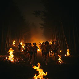 A dramatic and intense scene of naked people running through a forest at night, surrounded by blazing fires