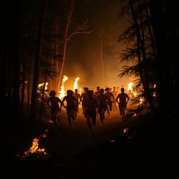 A dramatic and intense scene of naked people running through a forest at night, surrounded by blazing fires