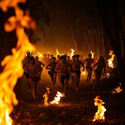 A dramatic and intense scene of naked people running through a forest at night, surrounded by blazing fires