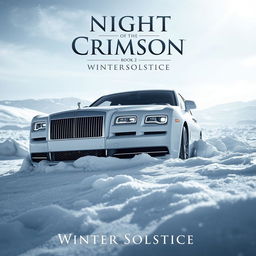 A captivating movie poster featuring a pristine white Rolls Royce Spectre seamlessly ensconced in a snowy landscape, embodying luxury amidst a winter wonderland