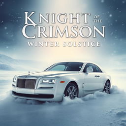 A captivating movie poster featuring a pristine white Rolls Royce Spectre seamlessly ensconced in a snowy landscape, embodying luxury amidst a winter wonderland