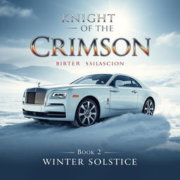 A captivating movie poster featuring a pristine white Rolls Royce Spectre seamlessly ensconced in a snowy landscape, embodying luxury amidst a winter wonderland