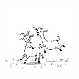 A simplistic black and white drawing of playful little goats frolicking in a pasture