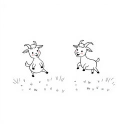 A simplistic black and white drawing of playful little goats frolicking in a pasture