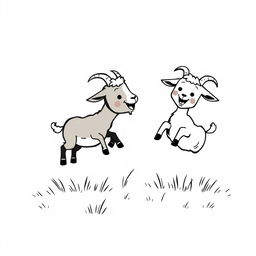 A simplistic black and white drawing of playful little goats frolicking in a pasture