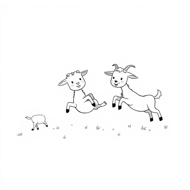 A simplistic black and white drawing of playful little goats frolicking in a pasture