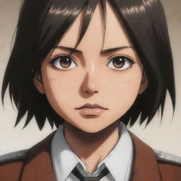 Illustration of a young Mikasa Ackerman from Attack on Titan, with her eyes narrowed in focus, swiftly pressing a button with a determined expression.