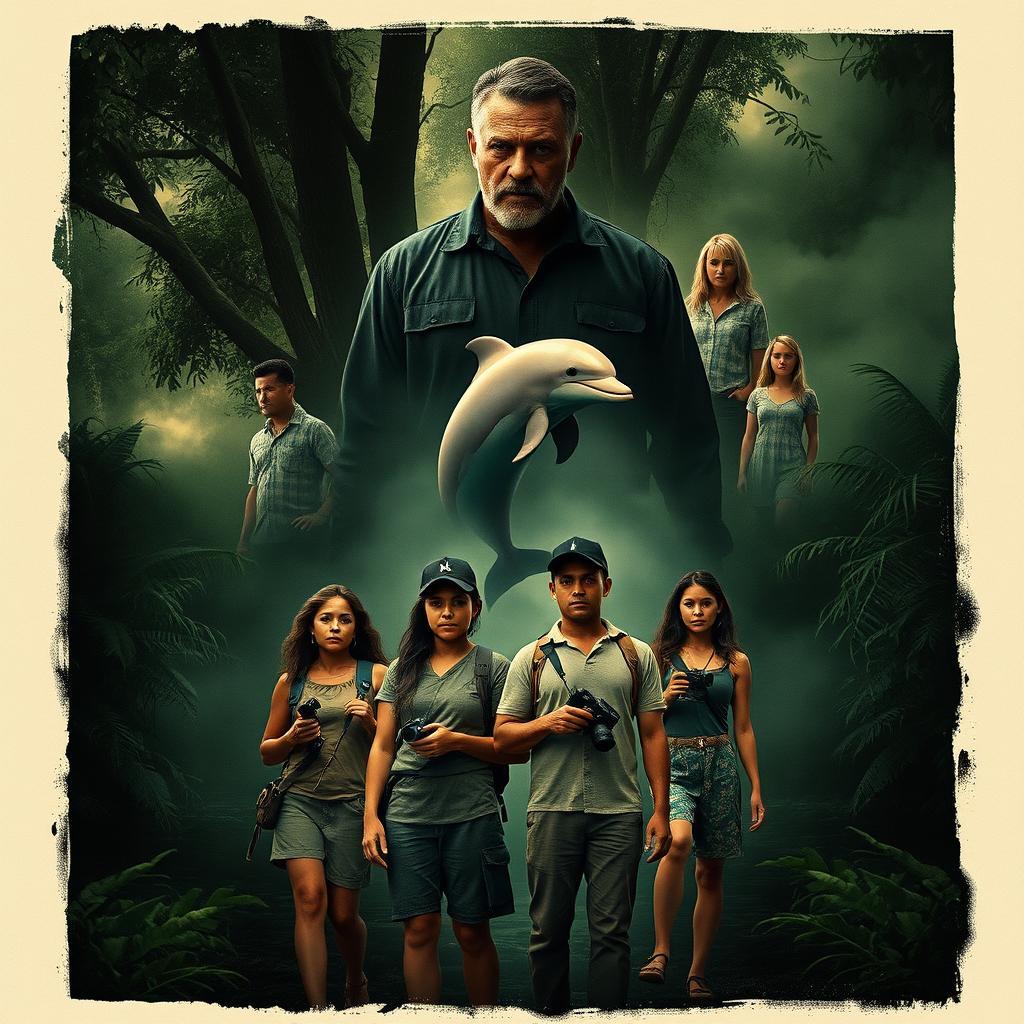 A suspenseful movie cover set in the heart of the Amazon rainforest in Brazil